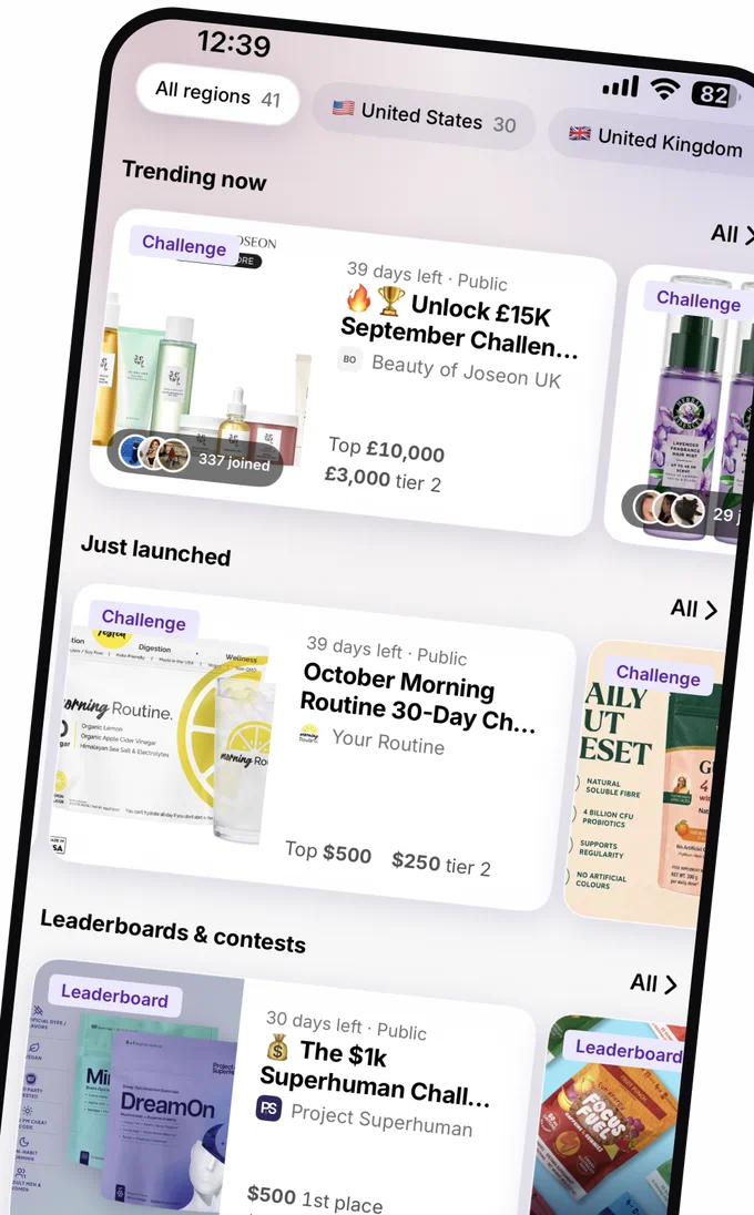 Brand programme in the Reacher creator app, with trending campaigns and a leaderboard.