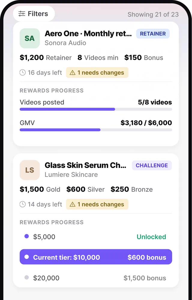 Campaigns screen in the Reacher creator app, tracking videos posted and GMV.