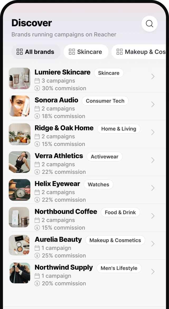 Discover screen in the Reacher creator app, listing brands that are running campaigns.