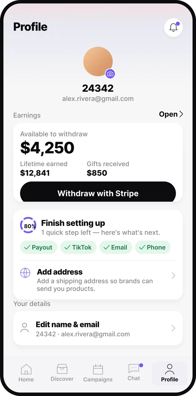 Profile screen in the Reacher creator app, with the balance available to withdraw and a Stripe payout.